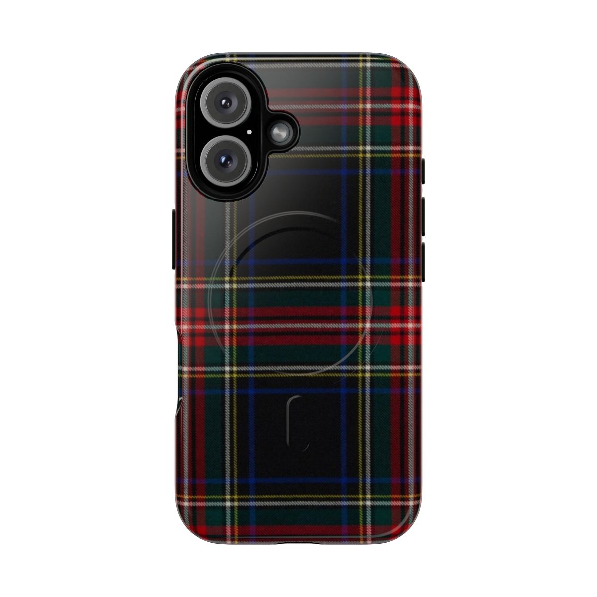 Close-up of a black phone case with a traditional Scottish tartan pattern