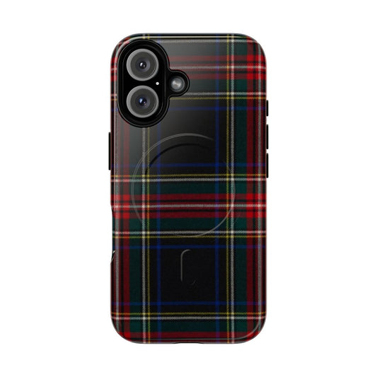 Close-up of a black phone case with a traditional Scottish tartan pattern