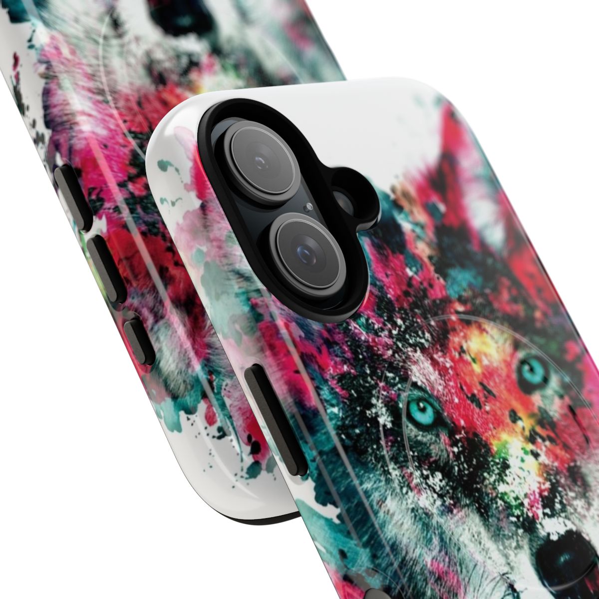 Colorful abstract watercolor wolf face artwork on a magnetic, tough phone case - Detail