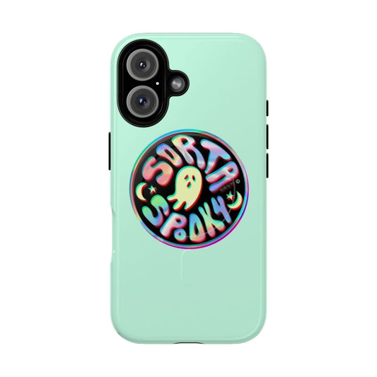 Holographic and spooky graphic design phone case with moon, stars, and rainbow