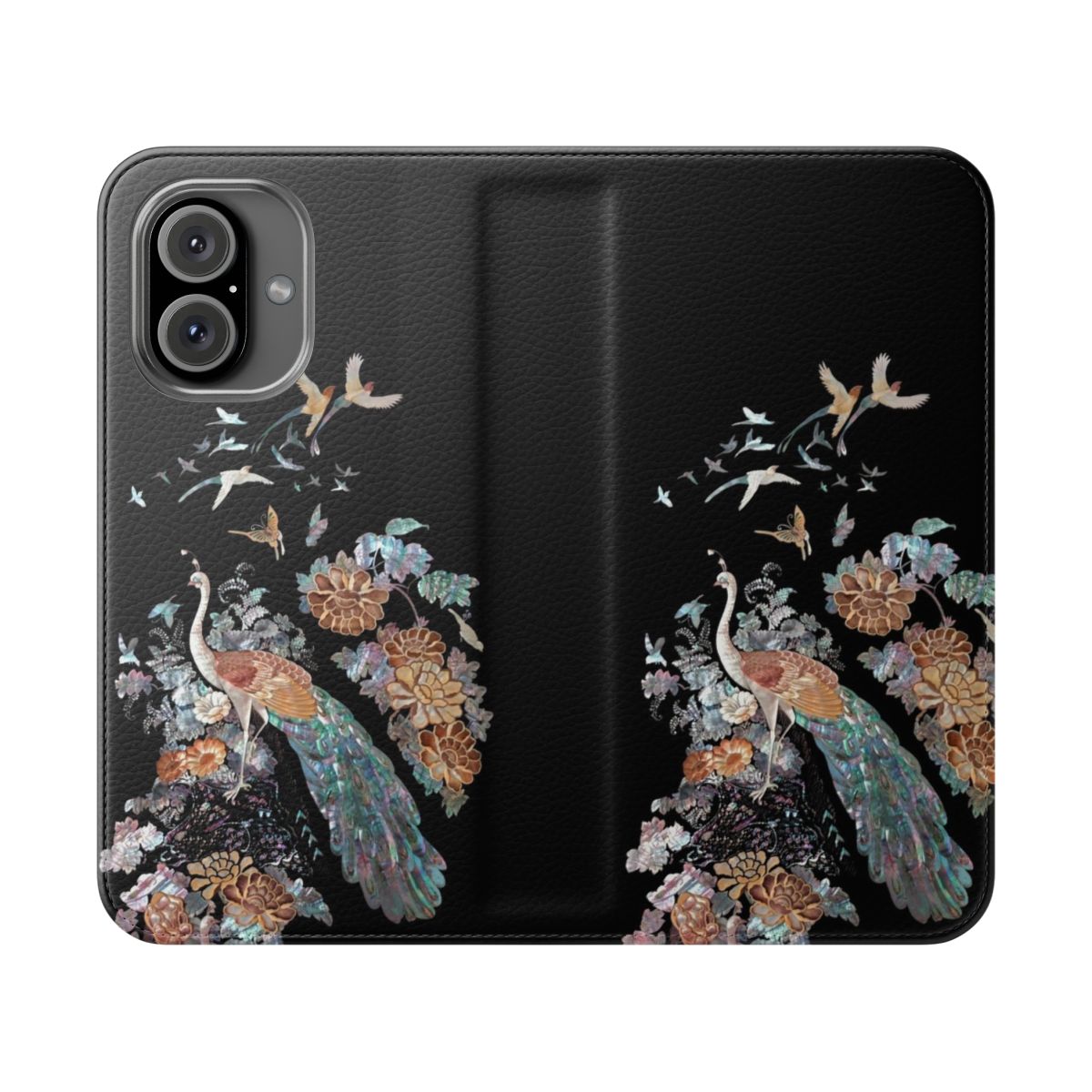 Flip phone case with intricate mother of pearl phoenix design, inspired by traditional Korean art