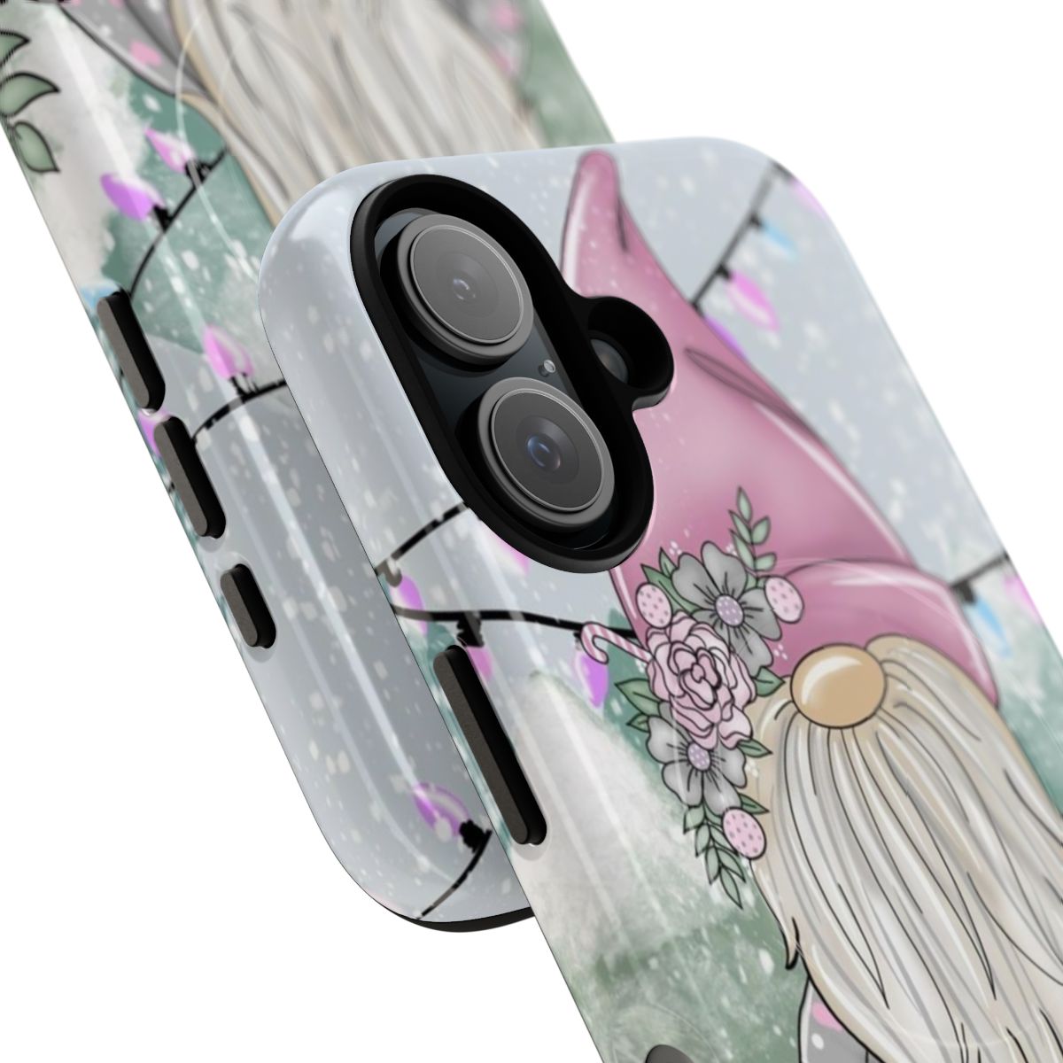 A pink and grey phone case featuring a cozy Christmas scene with a gnome, elf, and winter florals. - Detail