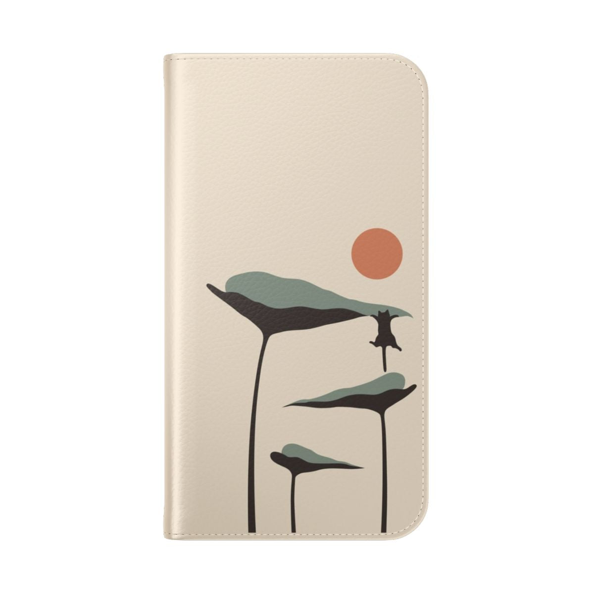 Flip cover phone case featuring an illustration of a black cat and plants against a tropical sunset landscape - Folded Back