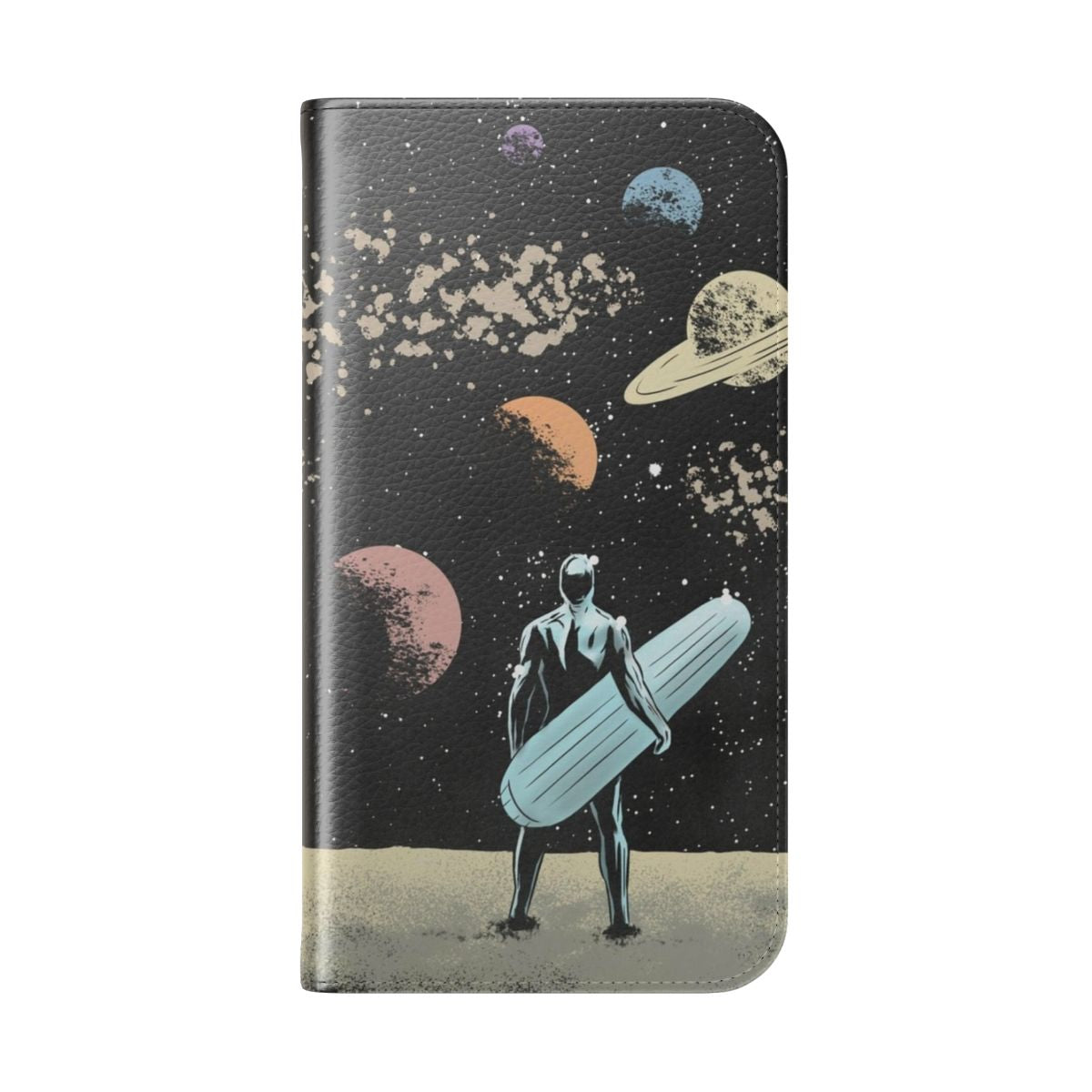 Stylized silver surfer phone case design with cosmic, retro-inspired artwork - Folded Back