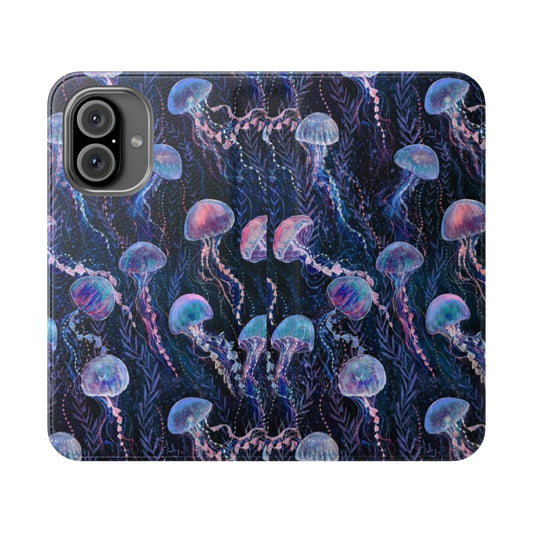 Jellyfish-themed flip phone case with a vibrant underwater design