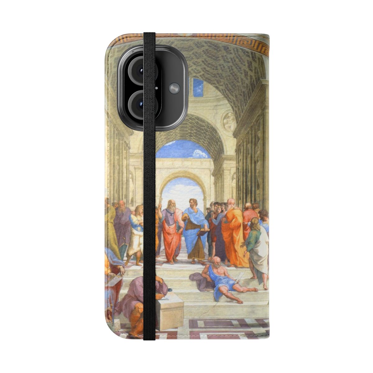 Flip cover phone case featuring the iconic "School of Athens" fresco by Raphael, depicting the famous Greek philosophers Plato and Aristotle. - Folded Front