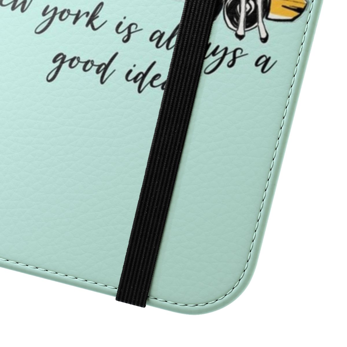 Flip cover phone case with a Breakfast at Tiffany's-inspired design featuring the iconic New York cityscape and Tiffany blue color scheme. - Close Up