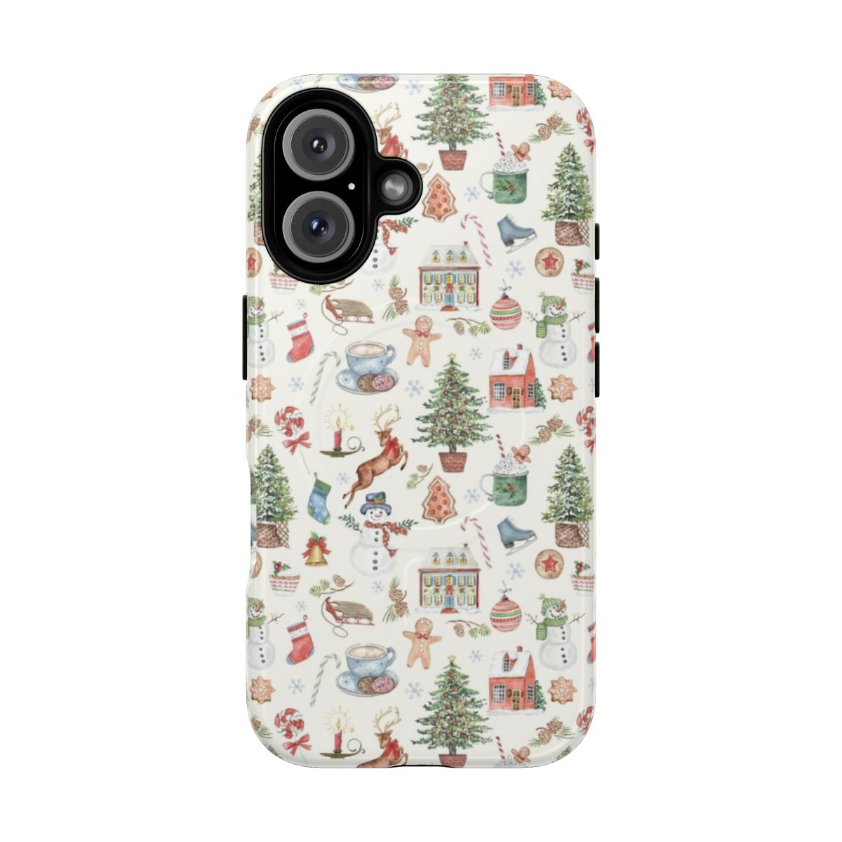 Festive holiday-themed phone case with designs like bells, trees, and winter accessories