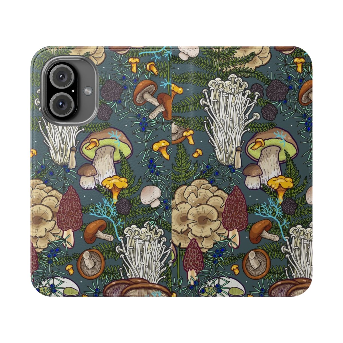 Flip phone case with a colorful mushroom forest pattern