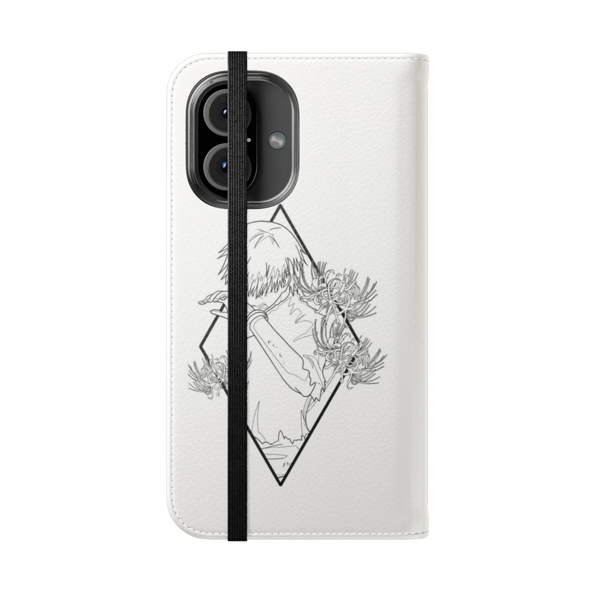 Anime-inspired phone case cover featuring Kaneki and red spider lily lineart design - Folded Front