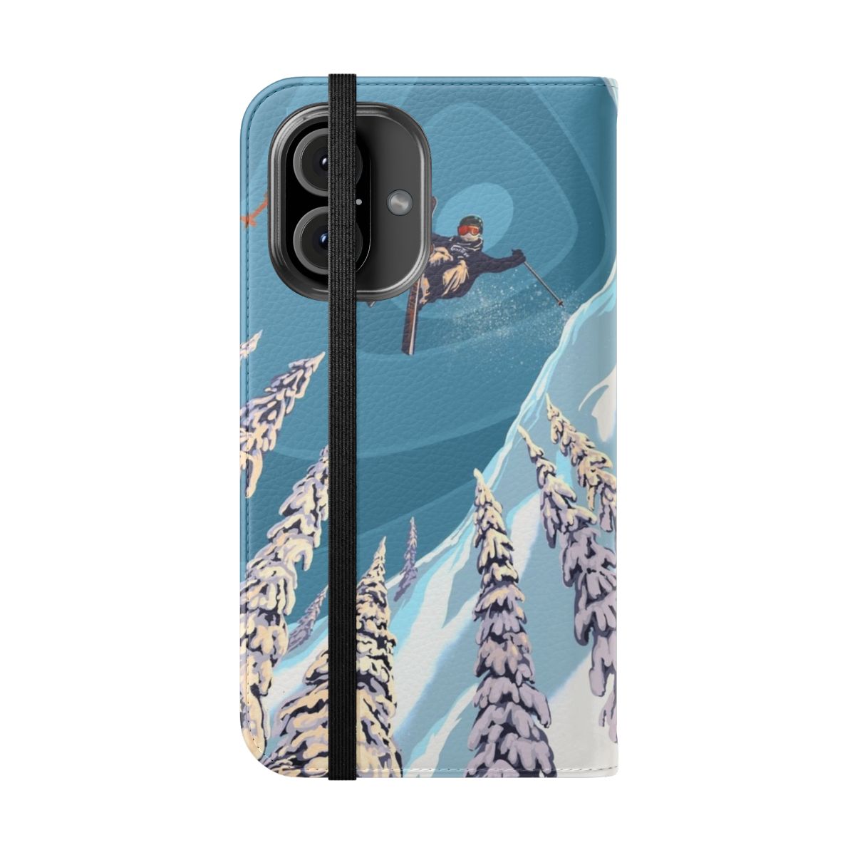 Retro ski jumper art on a flip cover phone case with a mountain landscape background - Folded Front