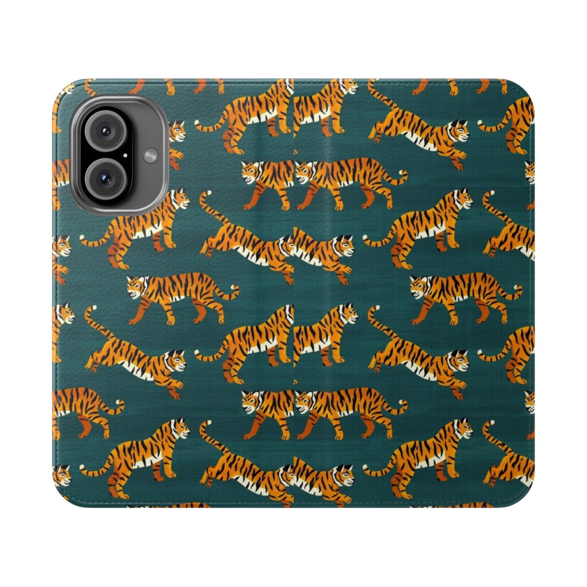 Closeup view of a navy blue phone case with an artistic Bengal tiger pattern design.