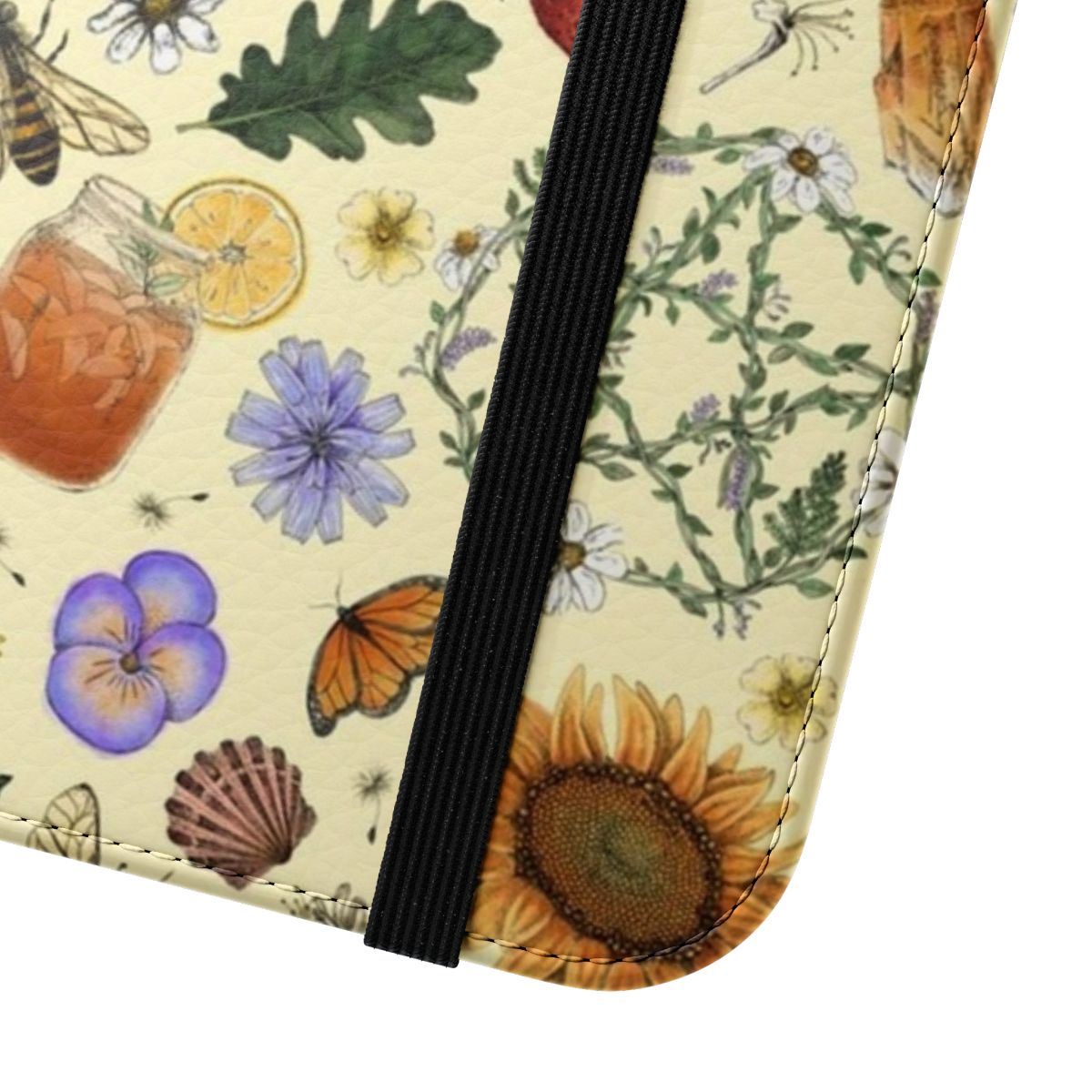 A vibrant yellow flip phone case featuring a Litha-inspired pattern with sunflowers, butterflies, and a pentacle design. - Close Up