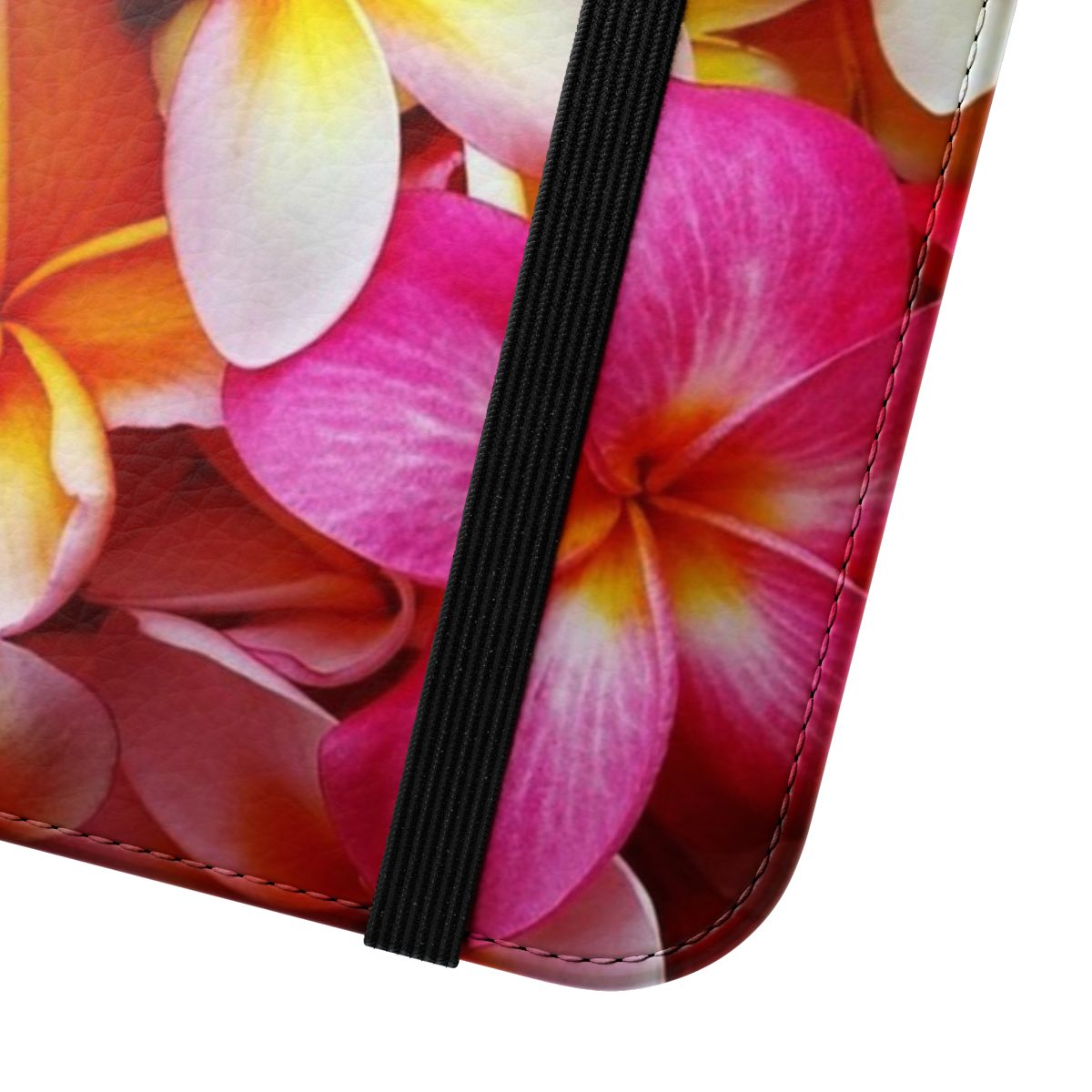 A vibrant phone case featuring a detailed illustration of pink and white plumeria flowers against a tropical background. - Close Up