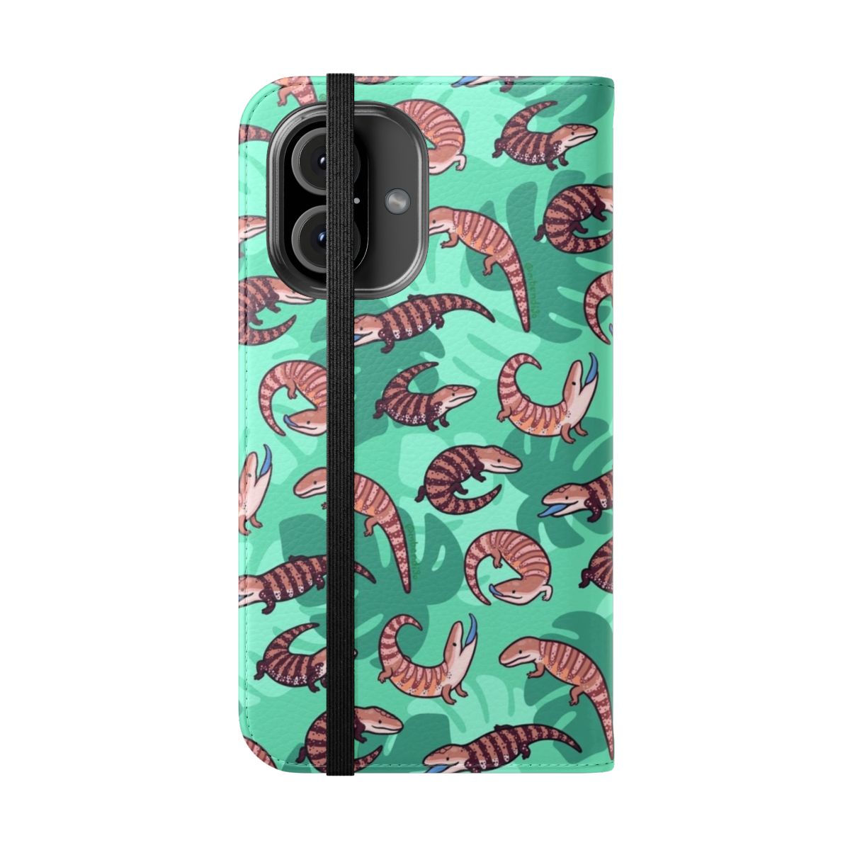 Closeup of a vibrant blue tongue skink printed on a phone case - Folded Front