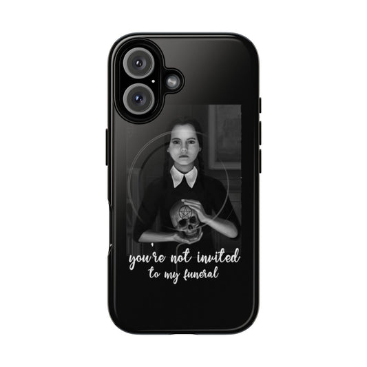 Magnetic phone case featuring a gothic, creepy design inspired by Wednesday Addams from the Addams Family