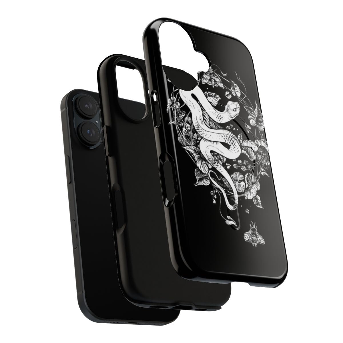 Magnetic tough phone case with a dark, mystical ink and paper graphic illustration featuring a snake, moth, and flowers. - Layers