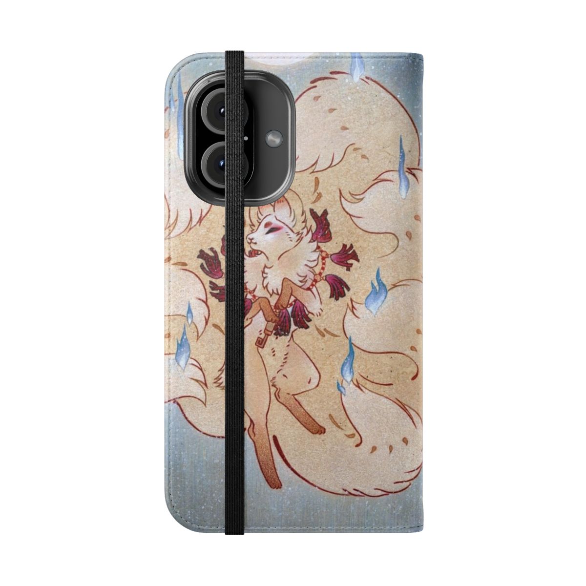 Stunning watercolor and color pencil illustration of a nine-tailed kitsune fox against a crescent moon and starry night sky, featured on a sleek flip cover phone case. - Folded Front