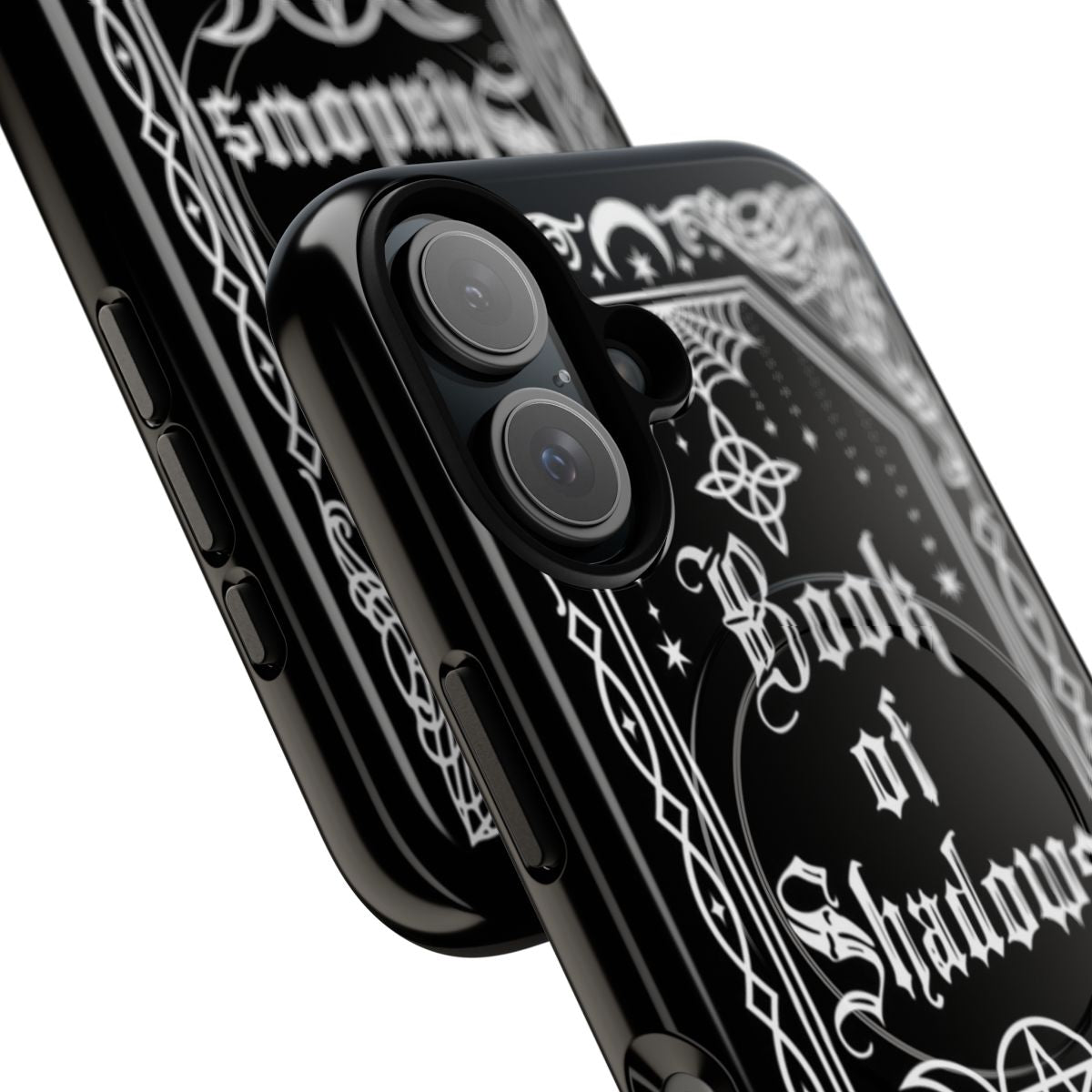 Magnetic phone case featuring a Book of Shadows design with occult symbols and gothic elements. - Detail