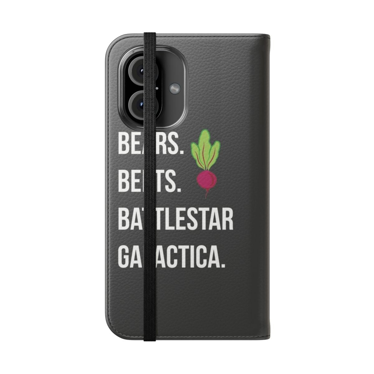 A flip cover phone case featuring a quote from the popular TV show The Office, depicting bears, beets, and Battlestar Galactica. - Folded Front