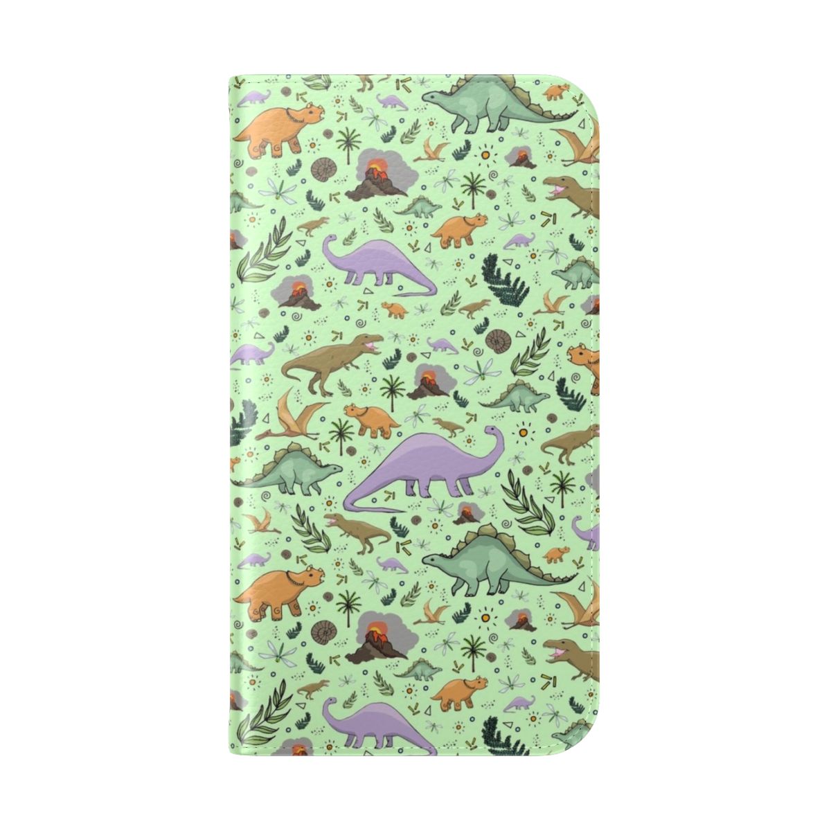 A colorful flip cover phone case featuring a playful dinosaur pattern in shades of green. - Folded Back