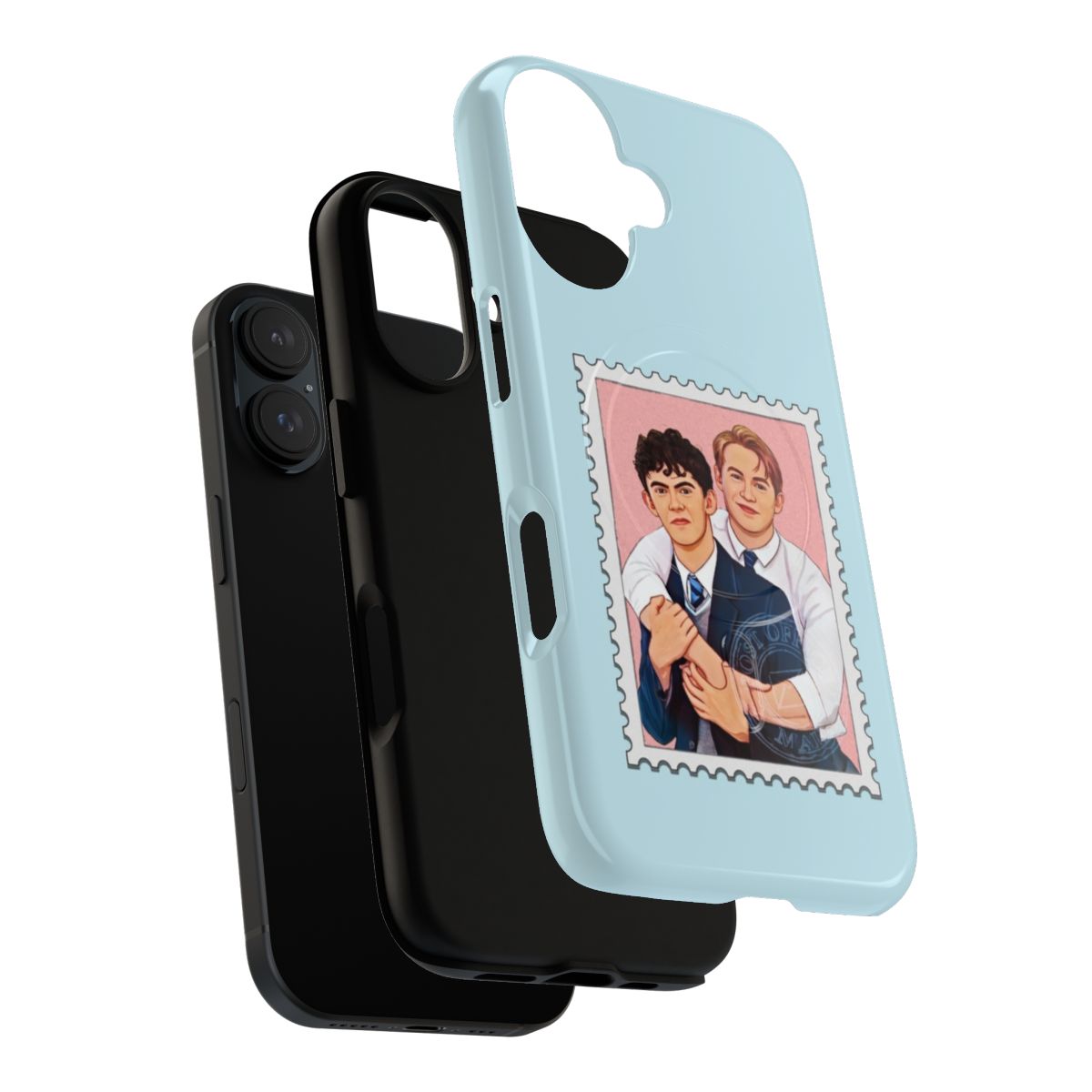 Heartstopper-inspired magnetic tough phone case with postage stamp design featuring the characters Nick Nelson and Charlie Spring - Layers