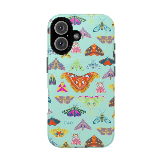 Colorful magnetic tough phone case featuring a surface design with vibrant moths and butterflies