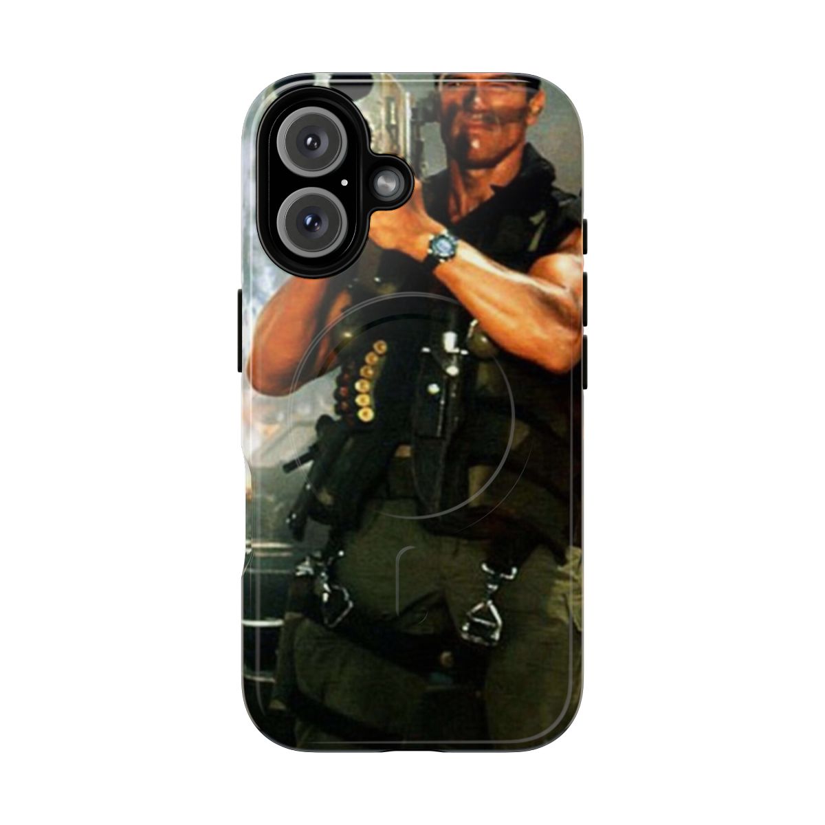 Arnold Schwarzenegger-inspired phone case with a rocket launcher design