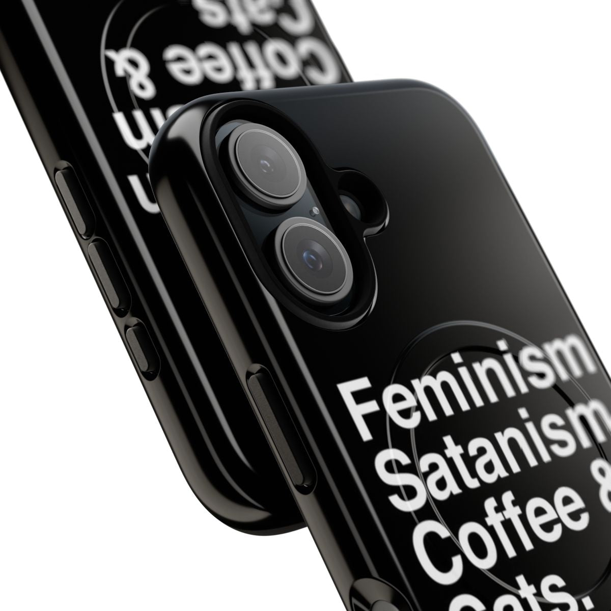 Magnetic phone case featuring feminism, satanism, coffee, and cat designs - Detail