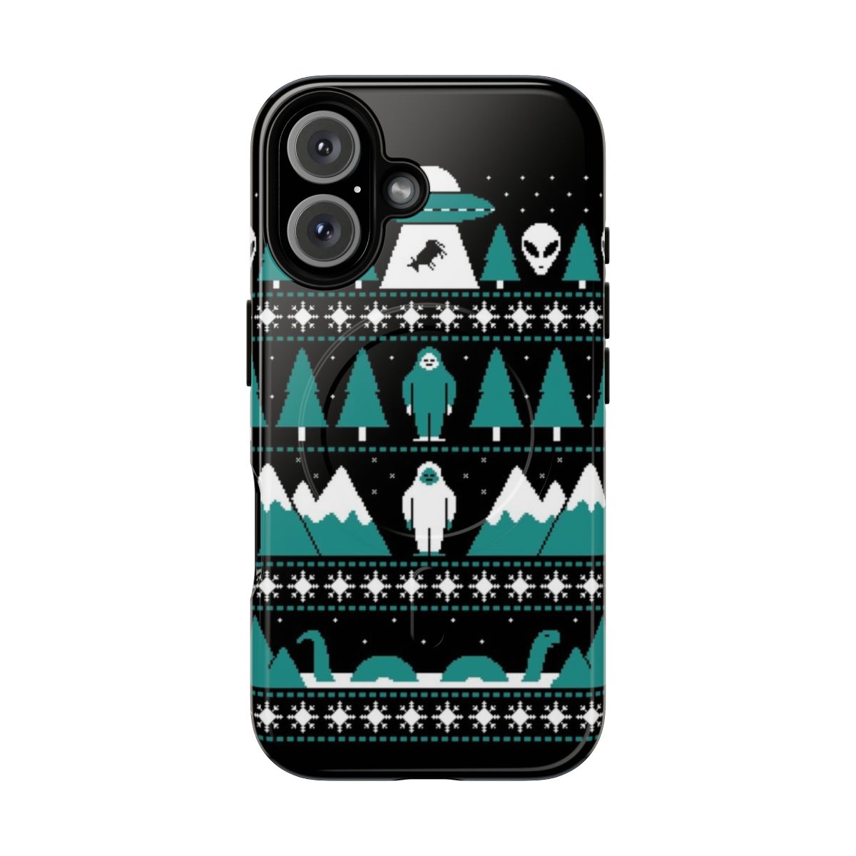 Paranormal inspired magnetic tough phone case with christmas sweater design featuring UFO, alien, bigfoot, yeti, and other cryptids