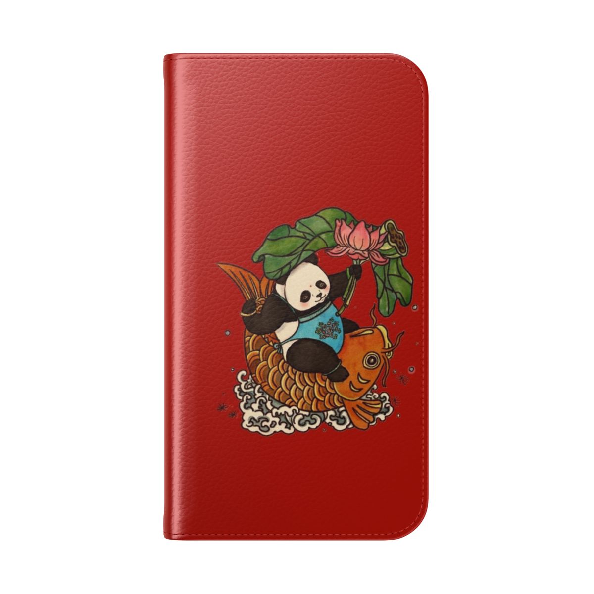 Flip cover phone case with hand-drawn panda, koi, and floral designs in an Asian-inspired style. - Folded Back