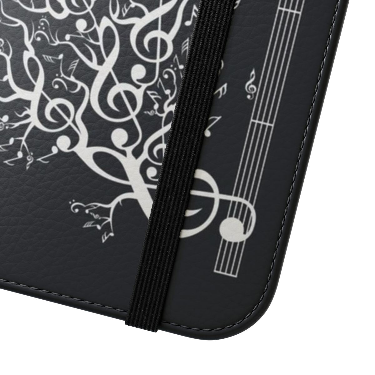 Flip cover phone case with a nature-inspired design featuring trees, music notes, and a retro aesthetic. - Close Up