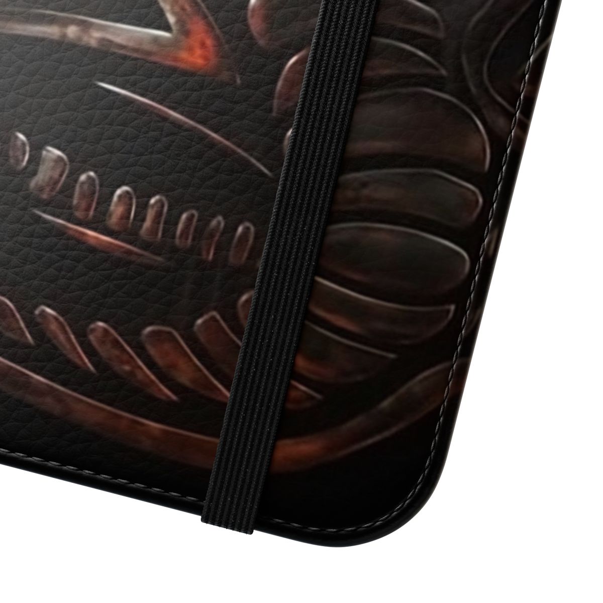 Silver metal flip cover phone case with a snake design, inspired by the Cobra Kai TV series - Close Up