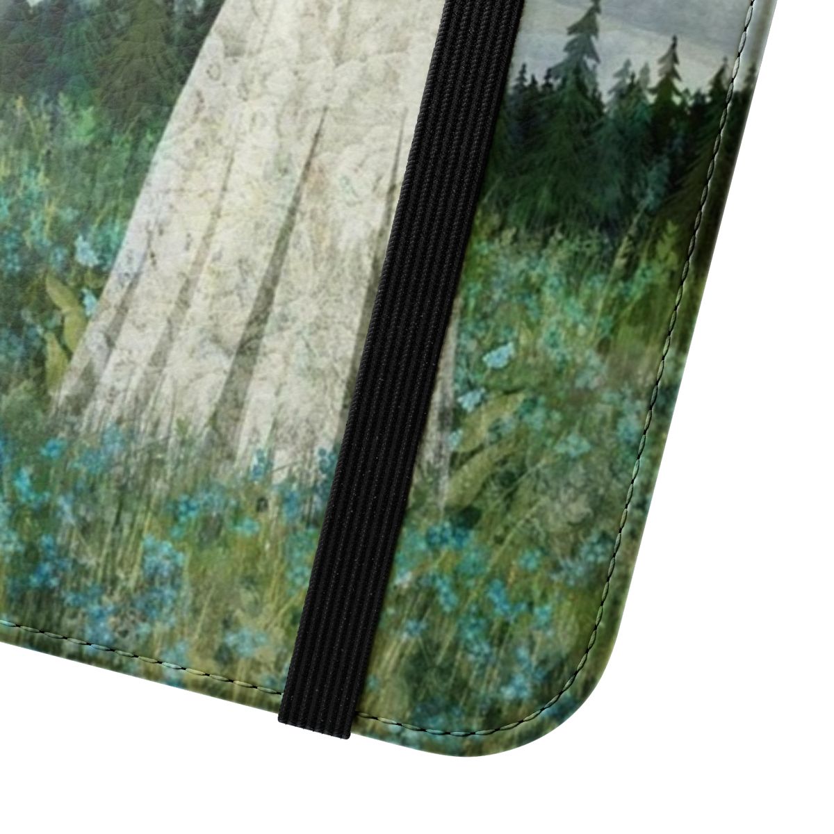 Whimsical phone case featuring a haunting meadow landscape with ghostly blue flowers - Close Up