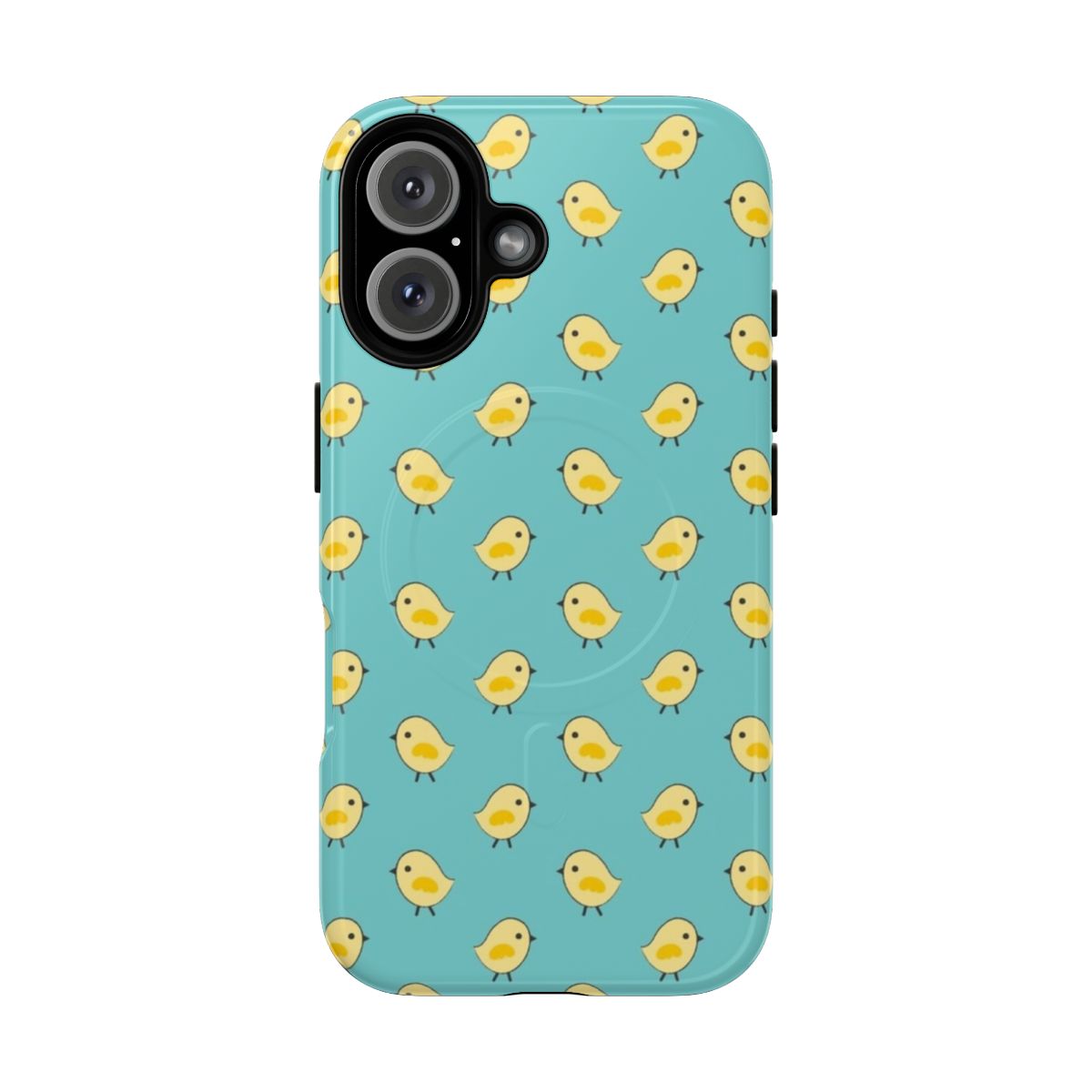 Vibrant yellow chicks pattern on an aqua blue magnetic phone case