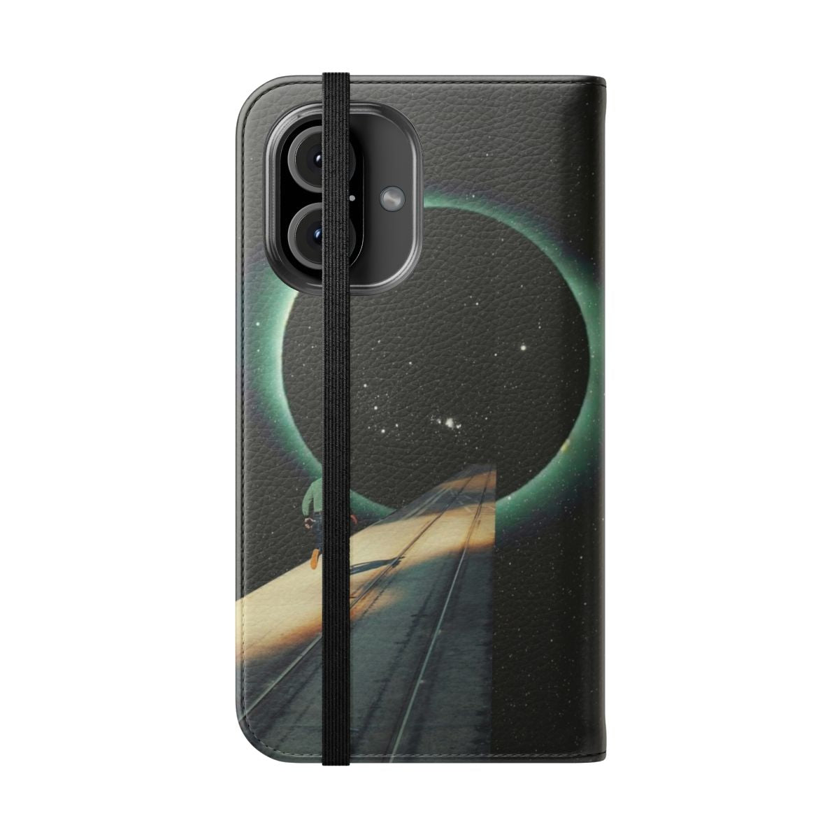 Artistic phone case featuring a surreal, space-themed collage design in a vintage, retrofuture style. - Folded Front