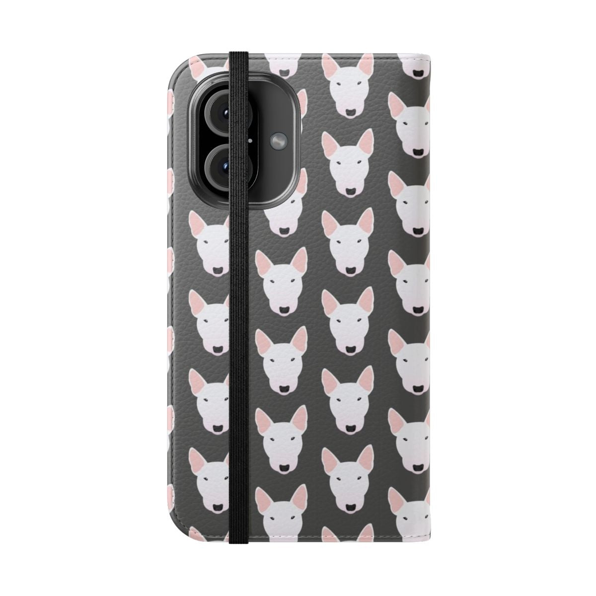 Image of a white miniature bull terrier on a flip cover phone case - Folded Front