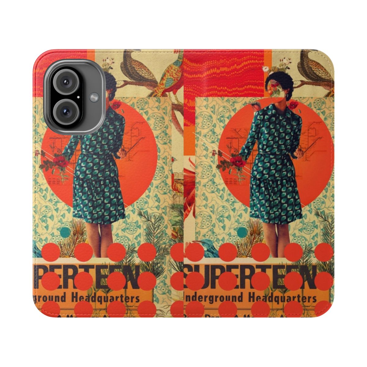 Vintage-inspired collage phone flip cover with retro graphic design featuring flowers, birds, and a woman's portrait