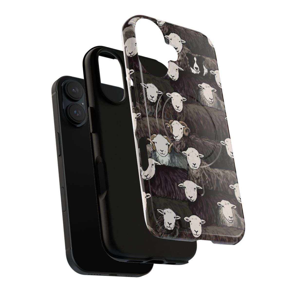 Tough phone case featuring a repeating pattern of herdwick sheep, sheepdogs, and the Lake District landscape - Layers