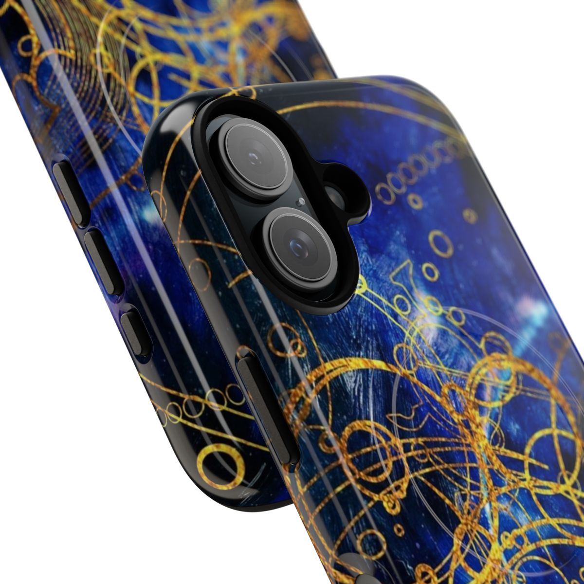 Steampunk-inspired phone case with clockwork, spirals, and magical patterns in blue, gold, and glitter - Detail