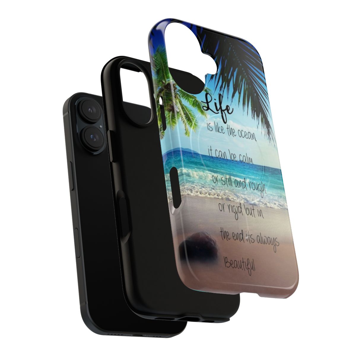 A close-up of a phone case with a scenic beach and ocean landscape design - Layers