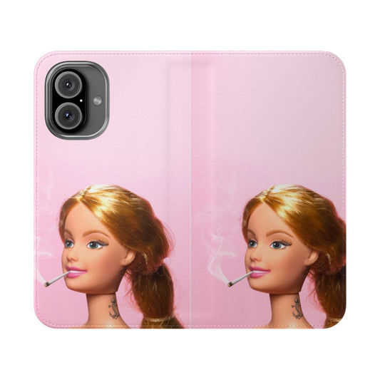 A flip cover phone case with a minimalist doll-inspired design, featuring a surreal, contemporary pop art style.