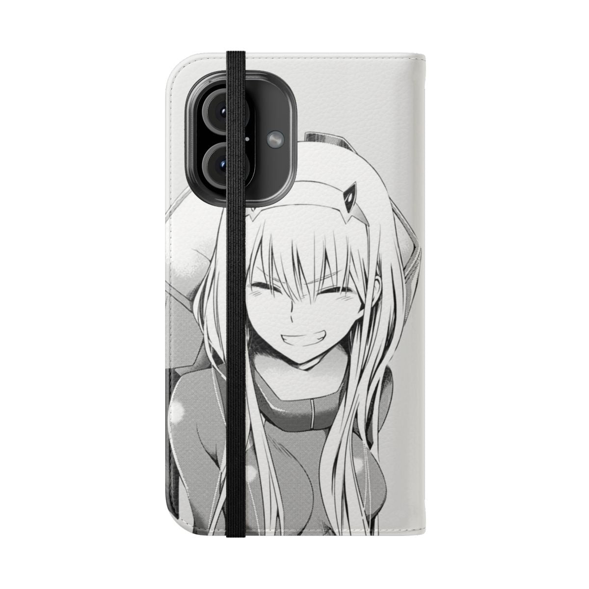 Vibrant flip cover phone case featuring the character Zero Two from the popular anime series Darling in the Franxx. - Folded Front