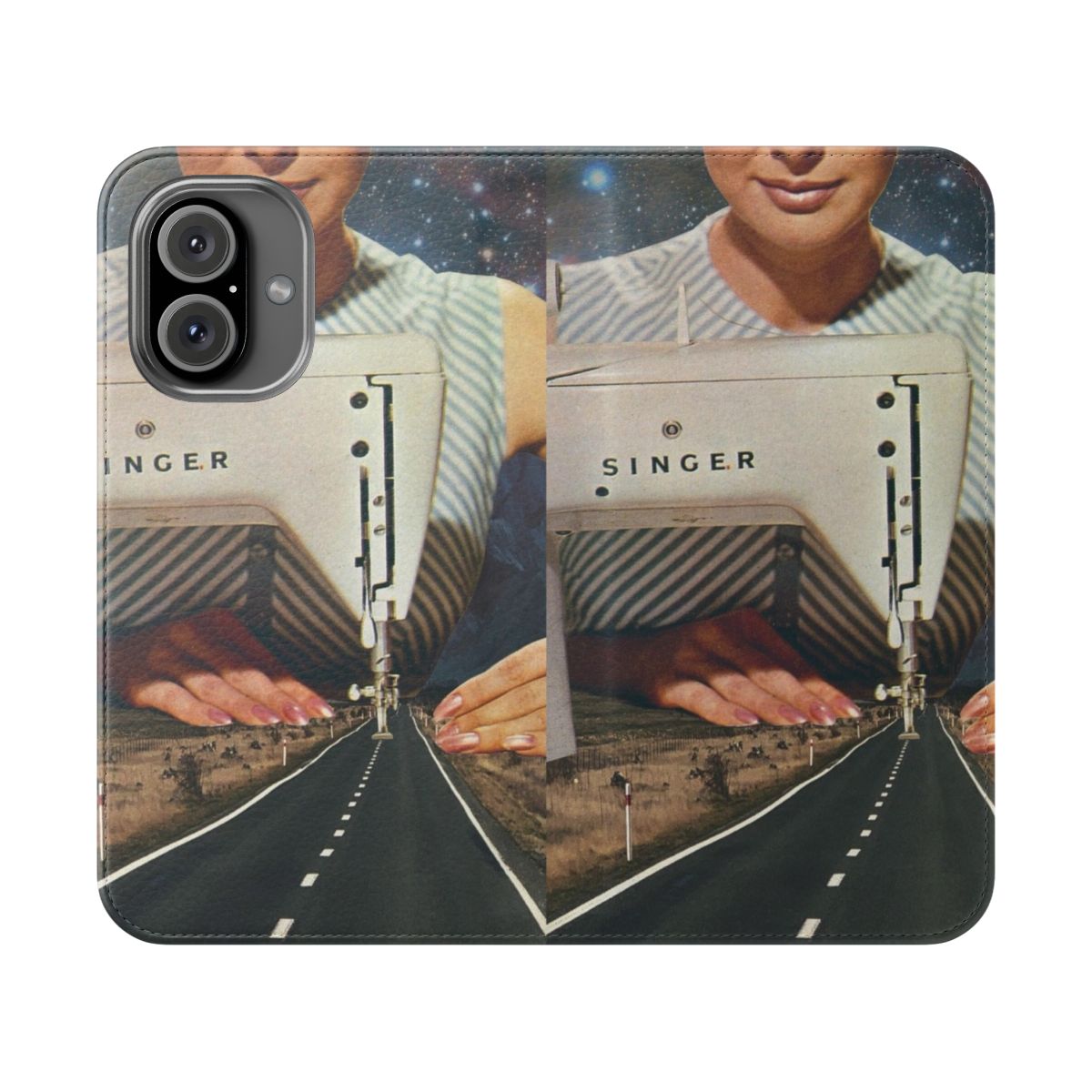 Surreal collage phone case featuring a sewing machine, road, and cosmic elements.