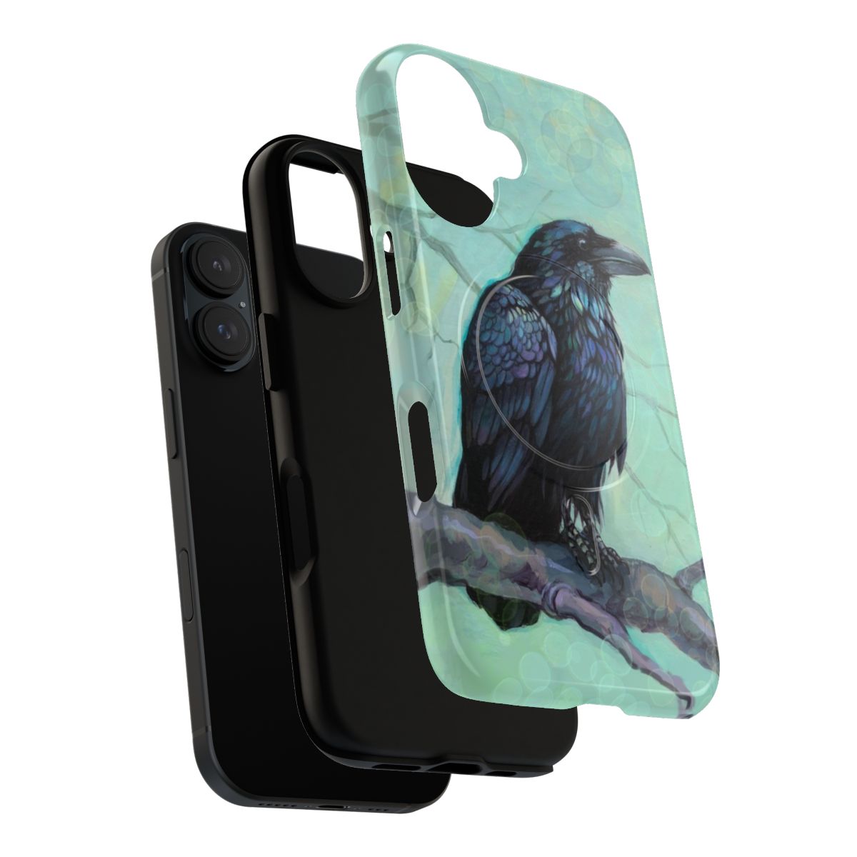 A stylish and protective phone case featuring a detailed illustration of a raven, a dark and mysterious bird. - Layers