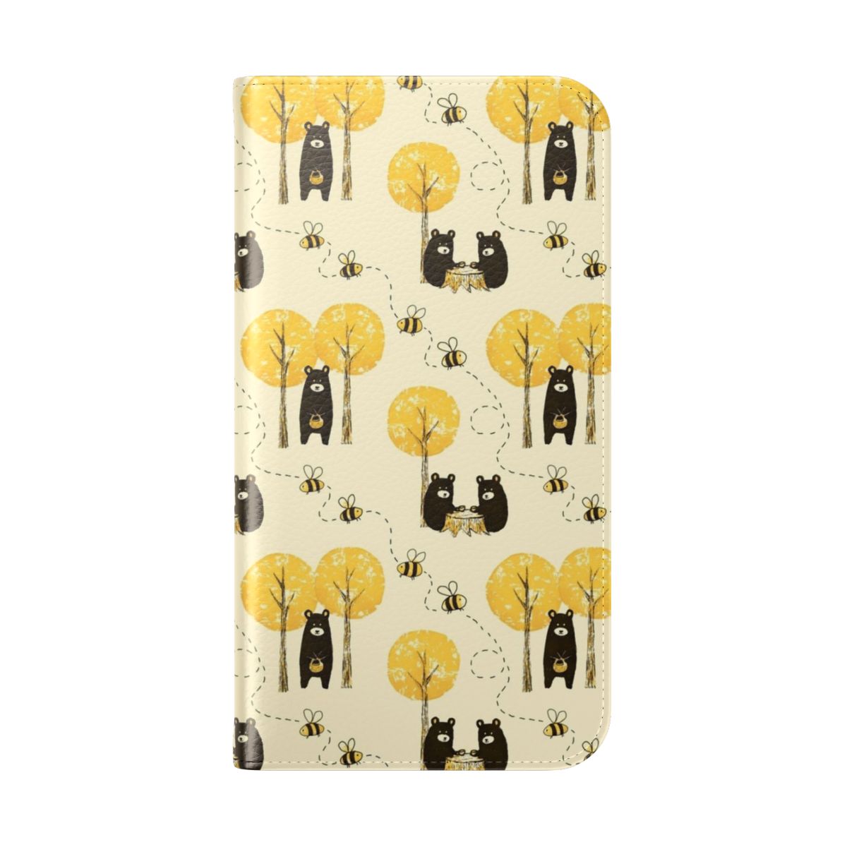 Flip cover phone case with a cute bear pattern design, surrounded by a forest scene with bees and flowers. - Folded Back