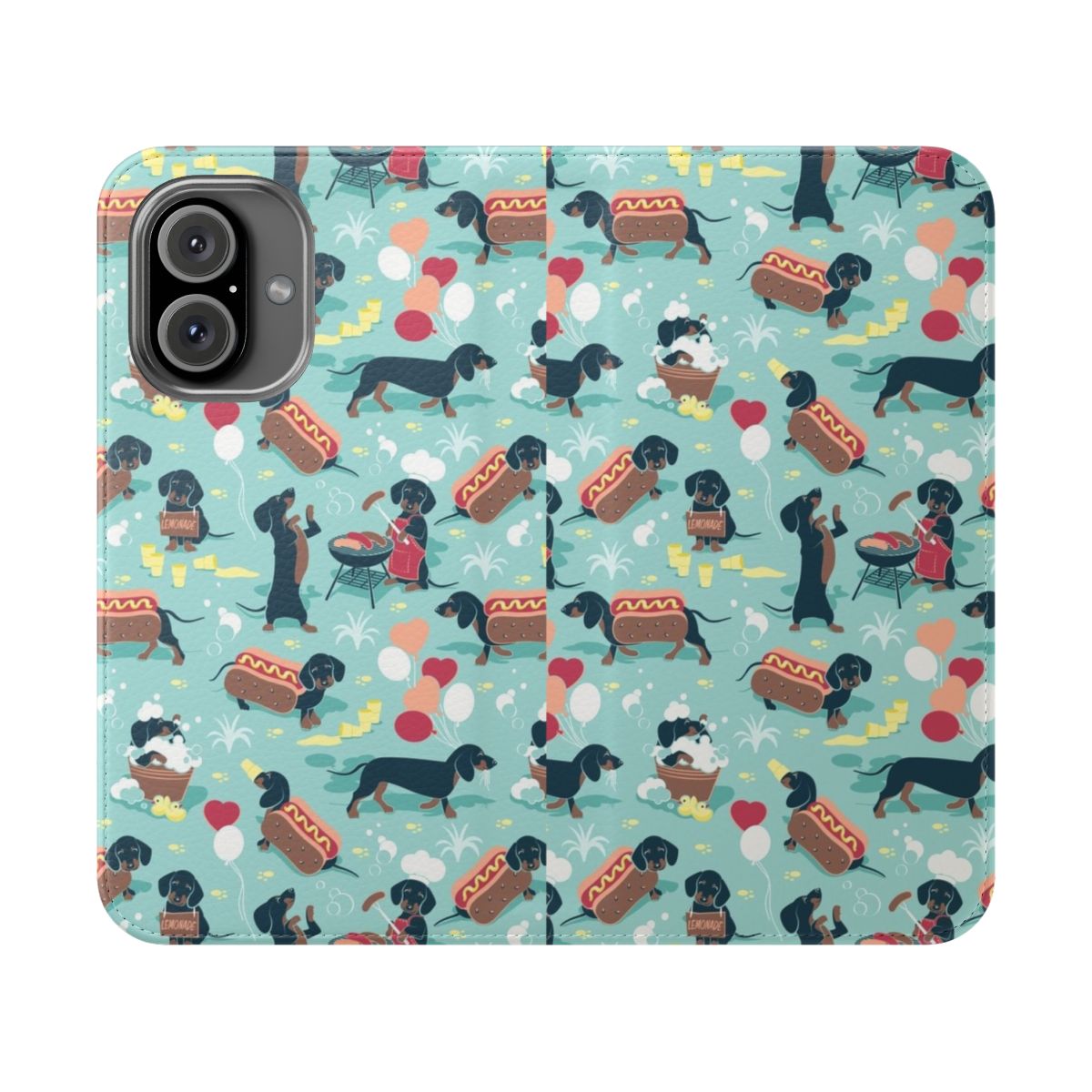 Flip cover phone case with an aqua green background featuring a navy and brown dachshund pattern design