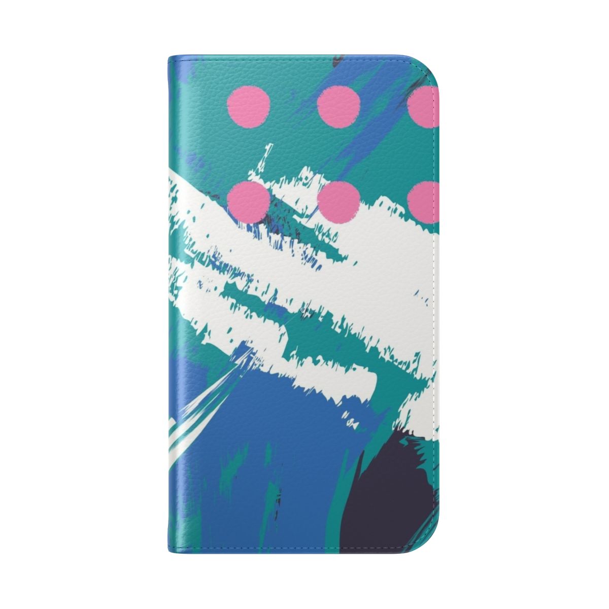 A vibrant, patterned flip cover phone case with an abstract sea spray design in 1980s inspired colors. - Folded Back