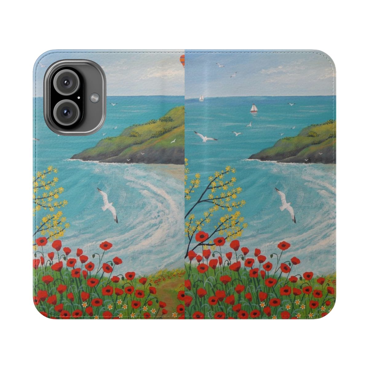 Coastal phone case with floral design featuring poppies and seascapes