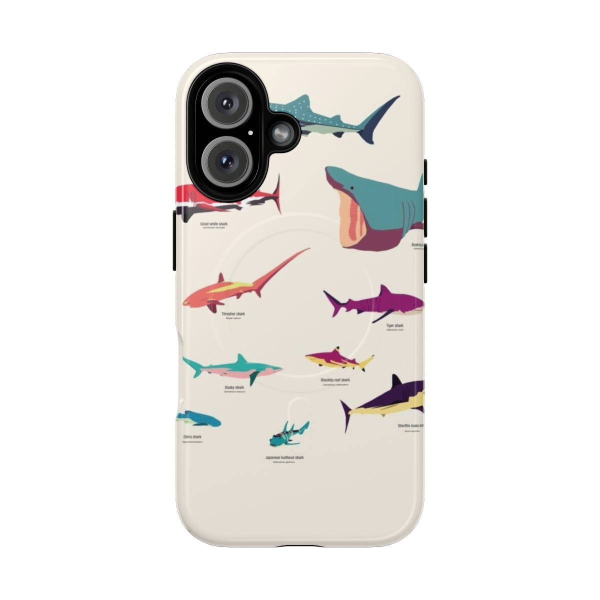 Tough magnetic phone case with detailed shark artwork